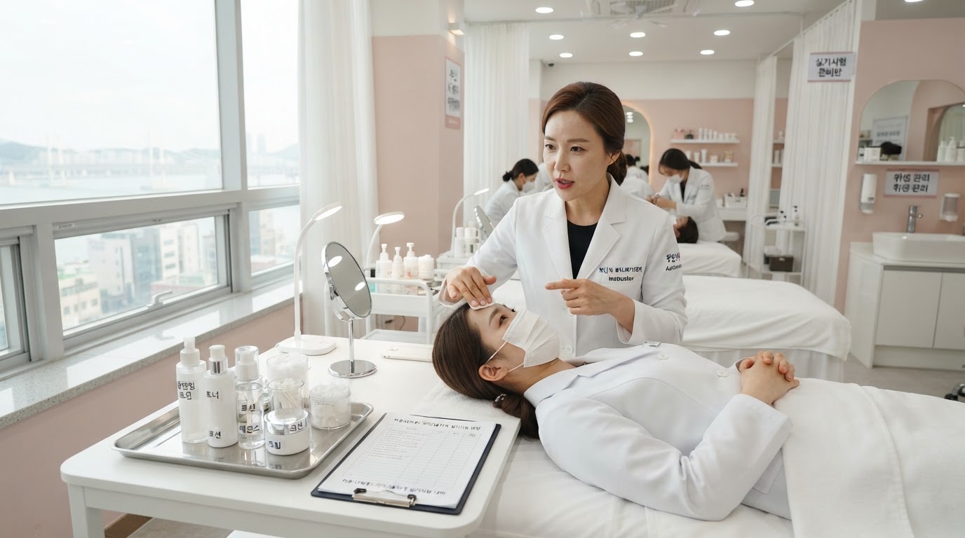 부산 피부미용 국가자격증 준비 1:1 수업 장면 — 끌레르엘 서면 아카데미